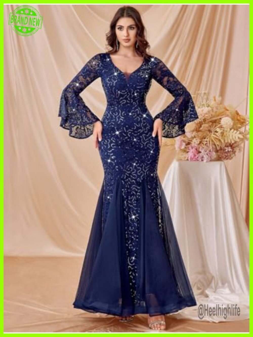 Sequin Lace Tulle Formal Evening Gown Bell Sleeve Mermaid Long Dress - Picture 2 of 6